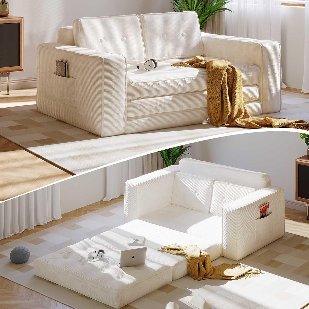 SOFA 2-Sitzer, 143 CM, mit 2 Kissen und Armlehnen,für Wohnzimmer, Schlafzimmer,aus Cord,Beige - Beige, Textil (92/42/143cm)