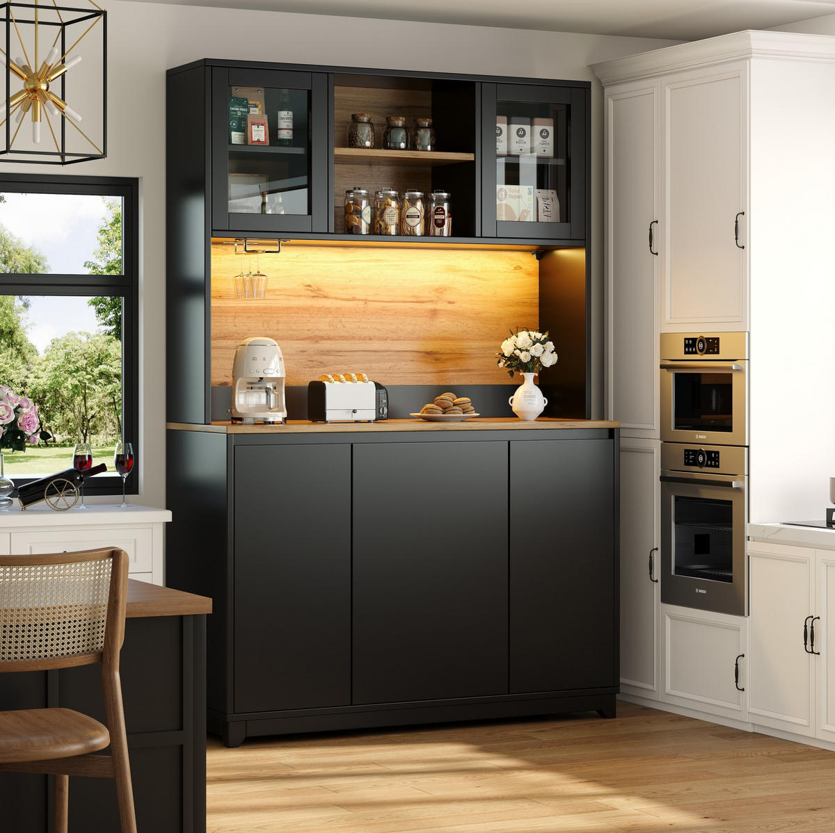 BUFFETSCHRANK 120/40/180 cm mit LED-Beleuchtung, Acryltüren und Abfallfach, Schwarz - Schwarz, Holzwerkstoff (120/180/40cm) - Redom