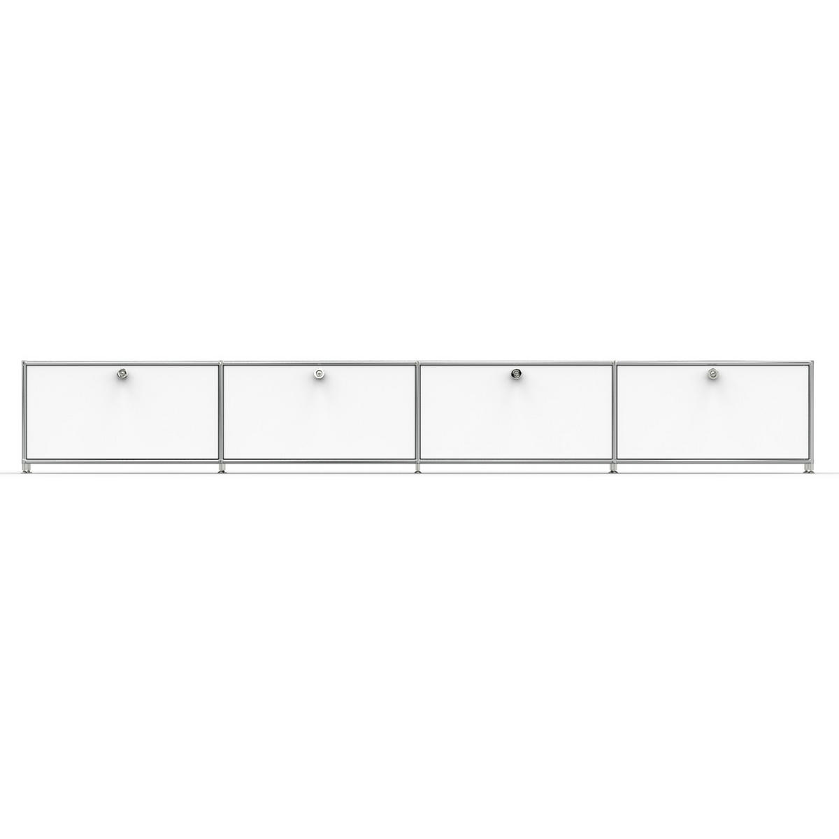 TV Board mit 4 Klappen & Schloss, Breite 302 cm, Signalweiß - Chromfarben/Silberfarben, Metall (40/43/302.2cm) - Versee