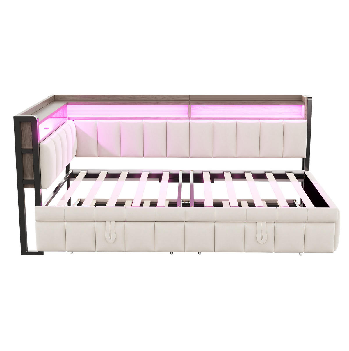 BETT mit Ausziehbett 90/200cm und LED-Beleuchtung in Beige Samt - Beige, Textil (90/200cm) - OKWISH