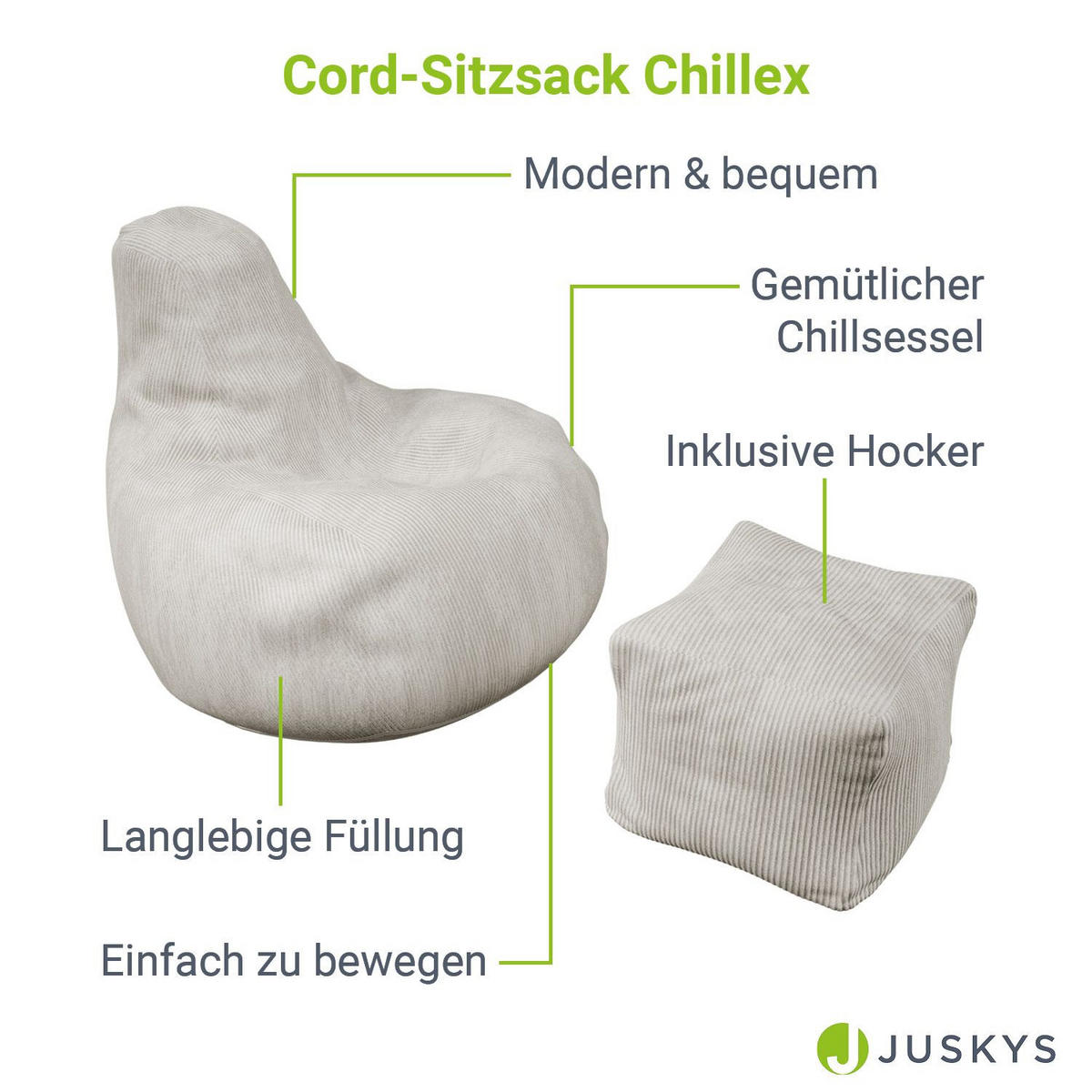 SITZSACK Chillex mit Hocker L Cord beige - Beige, Textil (75/84/79cm) - Juskys