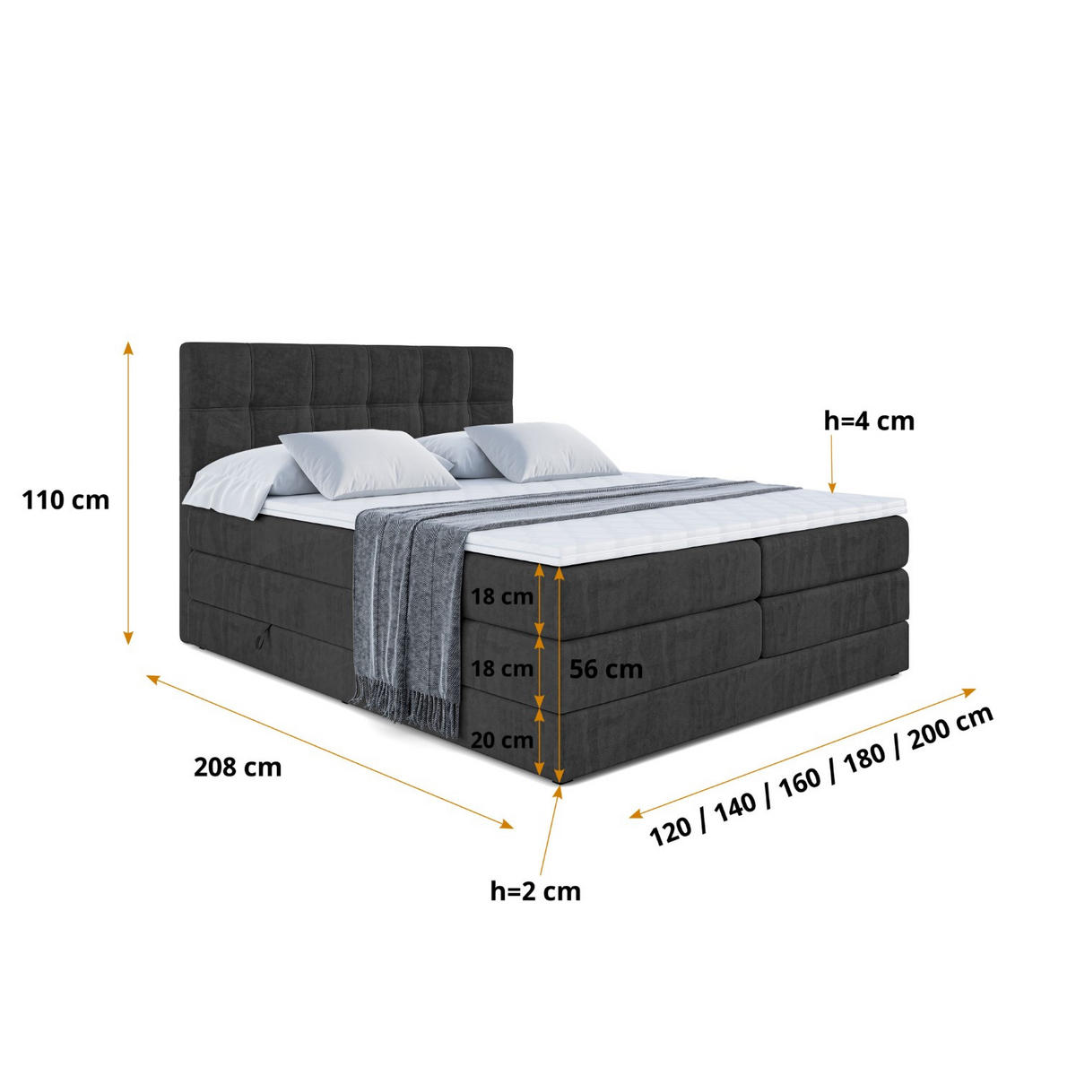 BOXSPRINGBETT MARCE KING - 160x200 - H3/H4 - Schwarz - Schwarz, Holzwerkstoff (160/200cm) - ALTDECOR