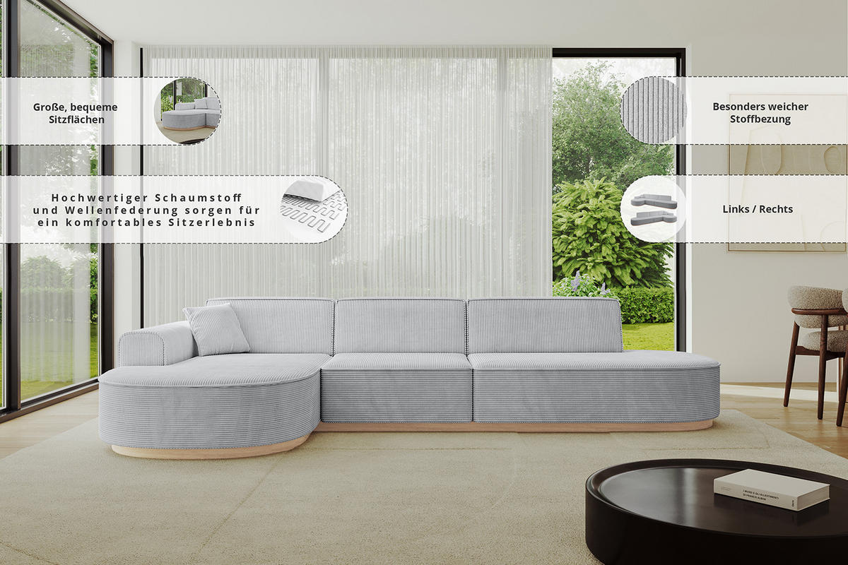 ECKSOFA Ottomane Links MARI-L2-v1 - 328x171x83 cm Grau Cord - Grau, Holzwerkstoff/Textil (328/171cm) - ALTDECOR