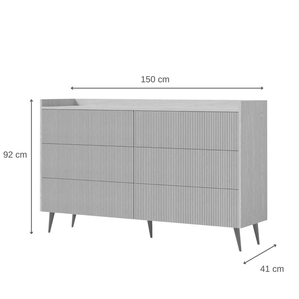 KOMODA Amfali se 6 zásuvkami, drážkovaná čela, systém Push-to-open, kovové nohy, 150 cm, jarní dub - černá/barva dubu, kov/kompozitní dřevo (150/92/41cm) - Beautysofa