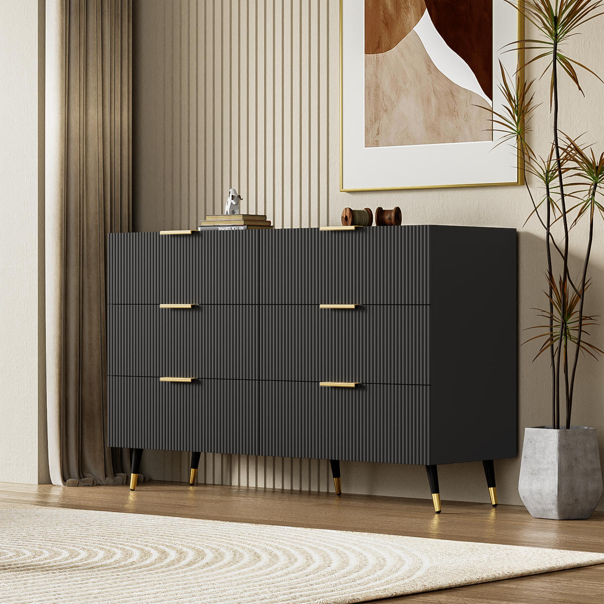 SIDEBOARD mit 6 Schubladen, mit goldenen Griffen und Beinen, 120/40/77 cm, Schwarz - Schwarz, Holzwerkstoff (120/40/77cm) - Redom