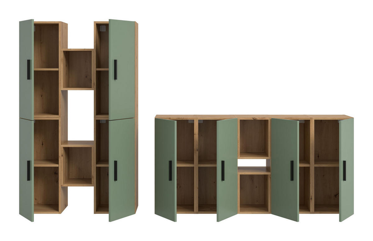 WOHNWAND Primo 4 tlg. (B/H/T: ca. 270/182/34 cm) in Artisan Oak /Smoke Green - Eiche Artisan, Holzwerkstoff (270/182/34cm)