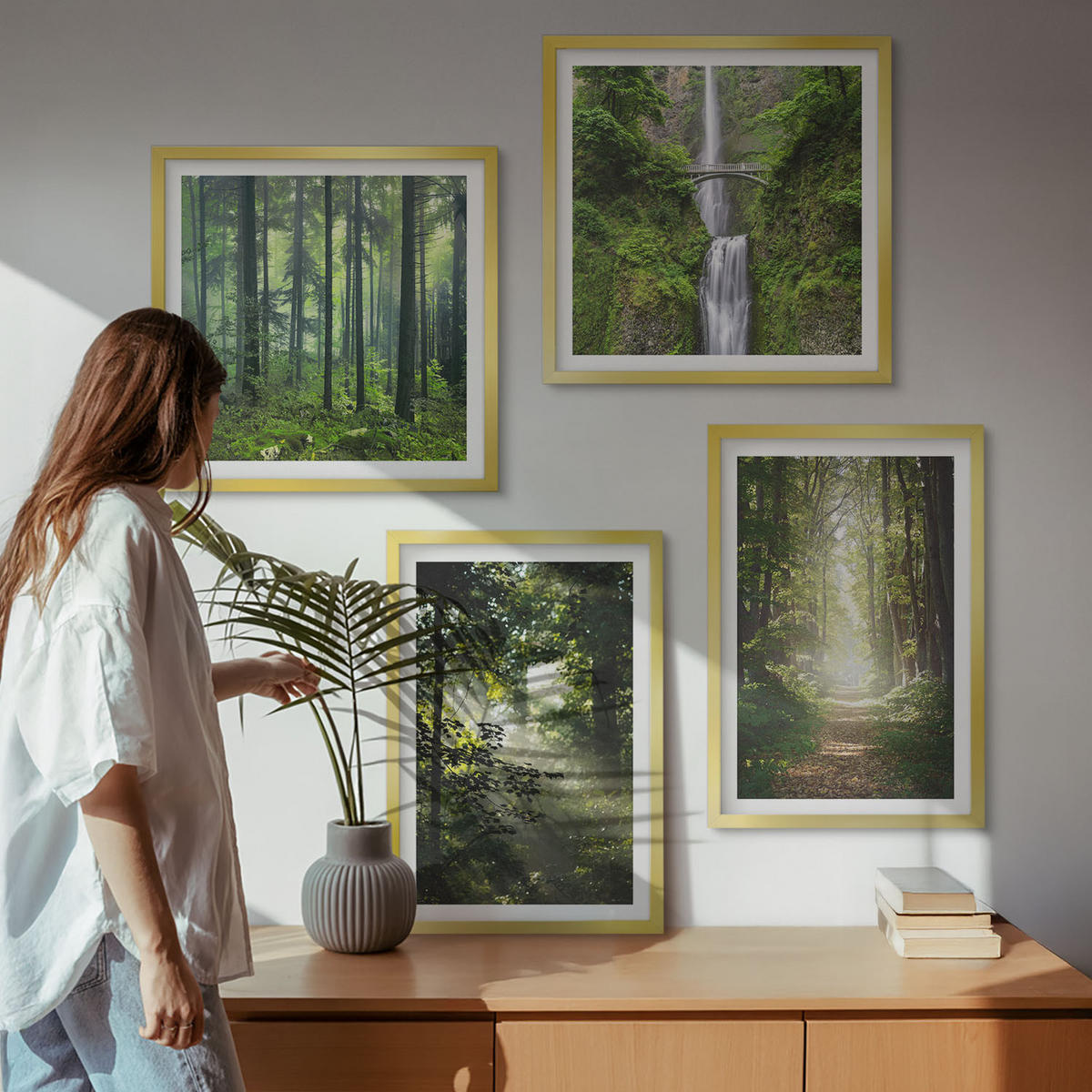 WANDBILDER 4er Set - 50x50 cm & 40x60 cm Goldrahmen - Grüne Wälder, Lichtstrahlen - Goldfarben, Kunststoff (50/50cm) - ArtPrintCave