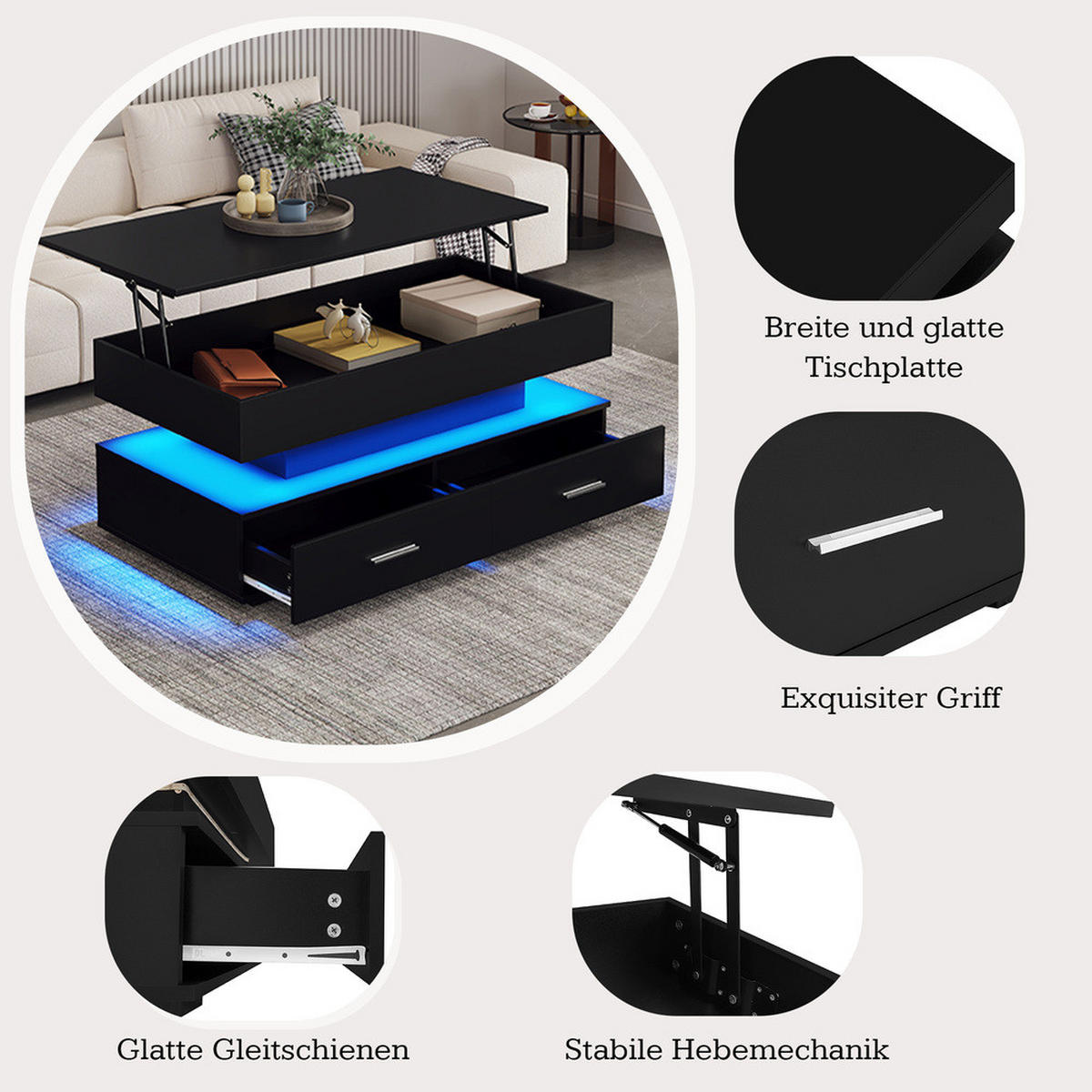 COUCHTISCH 100x50cm Hydraulisch Höhenverstellbar Schwarz LED Bluetooth - Schwarz, Holz (110/60.5/11.5cm) - FLIEKS