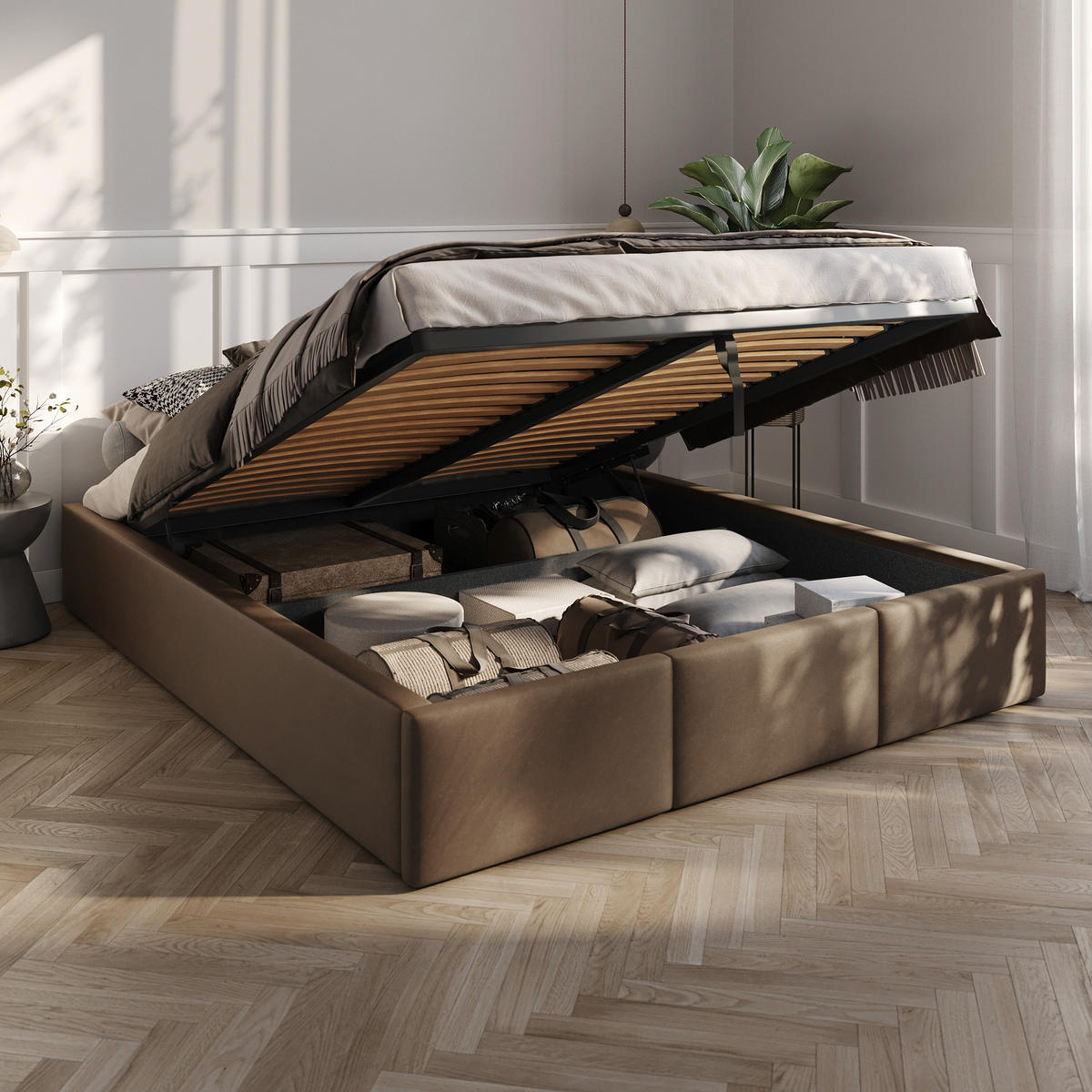 POLSTERBETT für Schlafzimmer Bett mit Stauraum Braun 160x200cm - Braun, Holzwerkstoff/Textil - Muralo