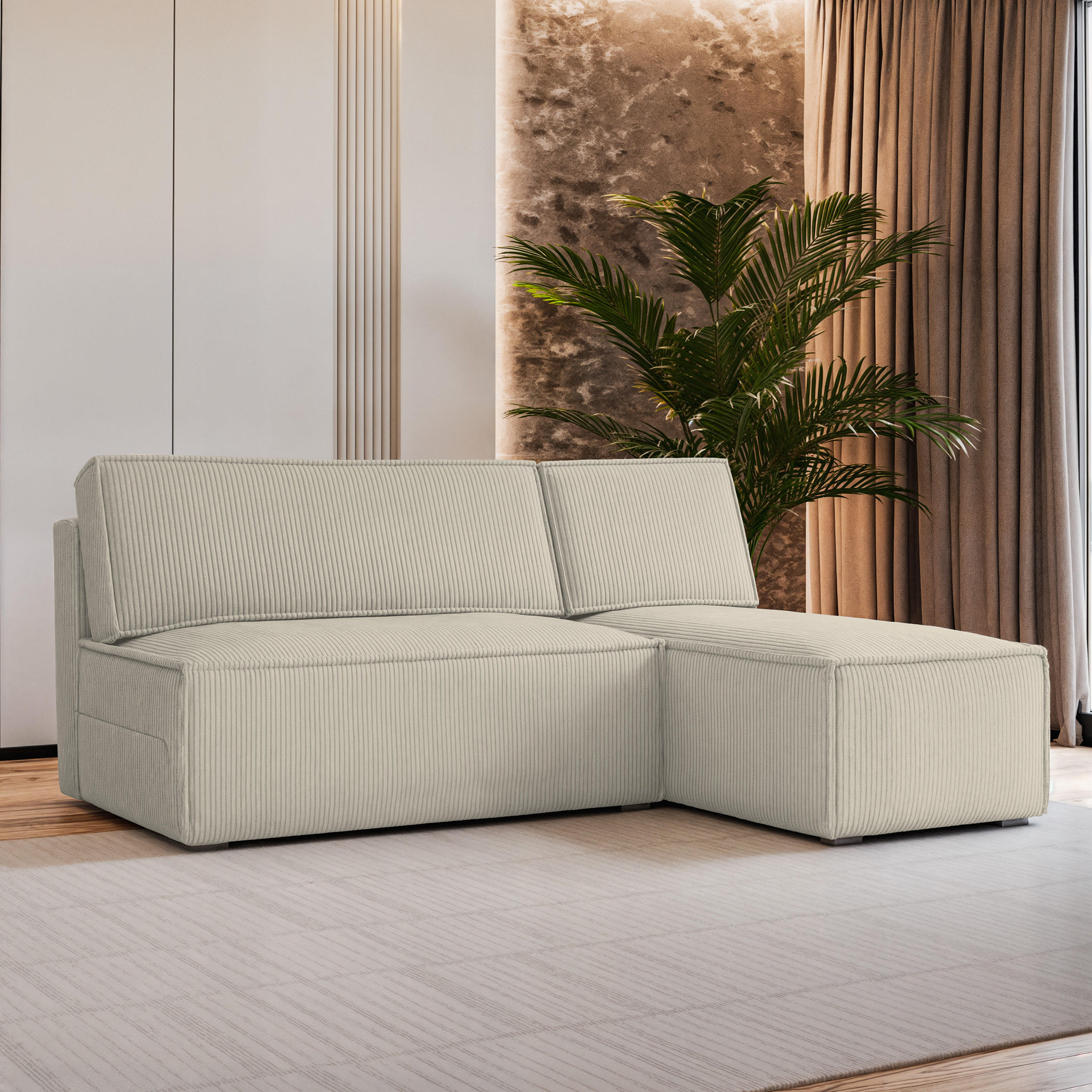ECKSOFA BRISO P Creme Kordstoff mit Schlaffunktion - Creme, Holz (200/140cm) - MASSENO