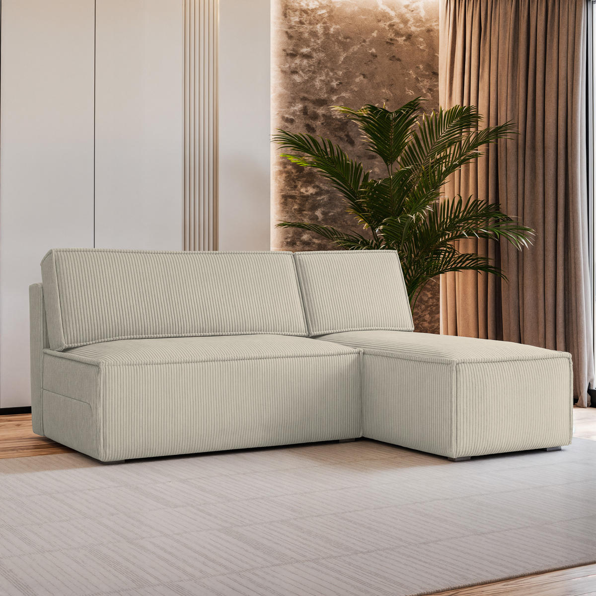 ECKSOFA BRISO P Creme Kordstoff mit Schlaffunktion - Creme, Holz (200/140cm) - MASSENO