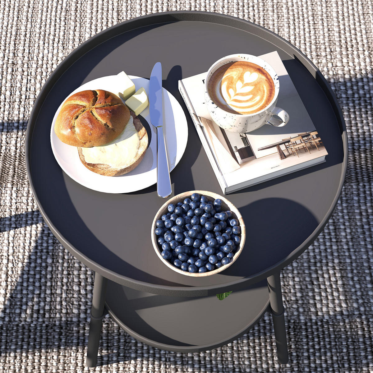 BEISTELLTISCH mit 2 Etagen rund Schwarz - Schwarz, Metall (32/32/51cm) - Outsunny