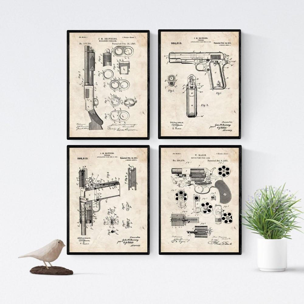 POSTER Set mit 4 Jahrgang Waffen Patent A4 Schwarzer Rahmen - Schwarz, Papier (29.7/3cm) - Nacnic