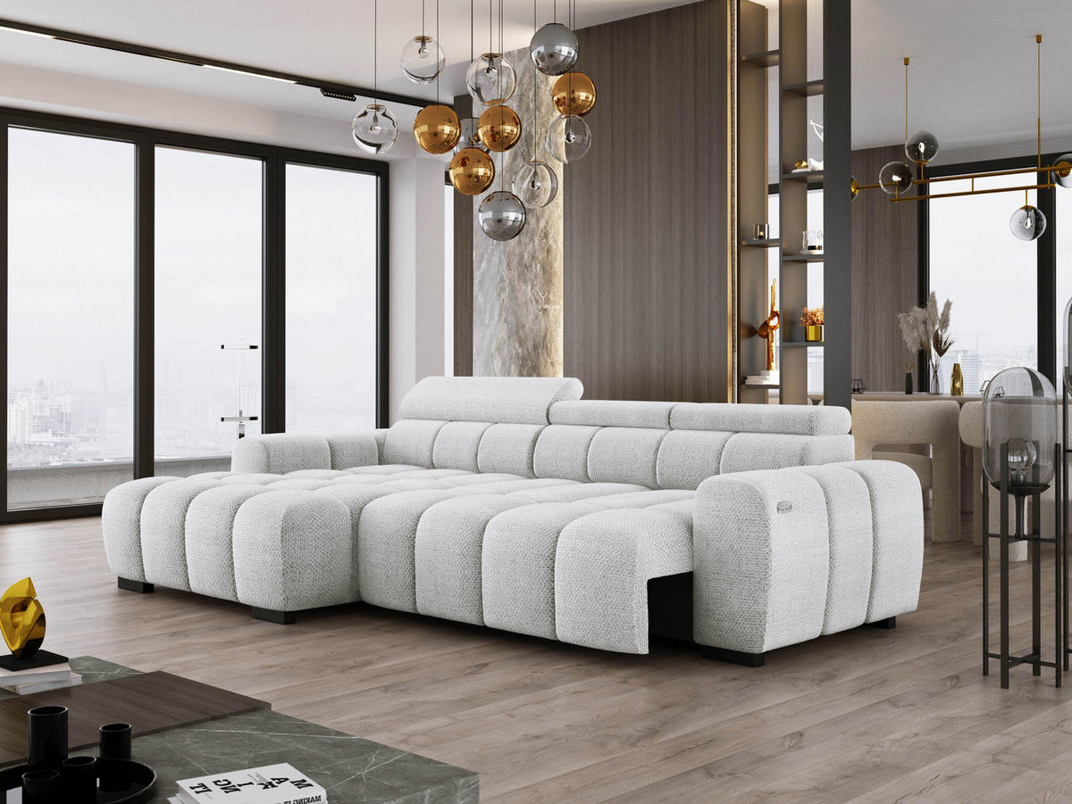 ECKSOFA OMBO 285x168x77/97 cm, Links, Schlaffunktion, elektr. Sitz, Kopfstützen, hydrophober EDEN-Stoff – Esche - Hellgrau, Holz/Textil (168/285cm) - DomoHome