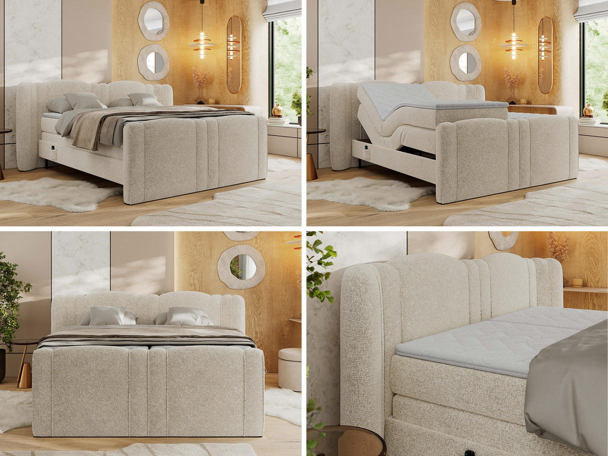 BOXBETT FORTINA 140/200 - Creme Struktur - H4 - Creme, Holz/Textil (140/200cm) - MKS