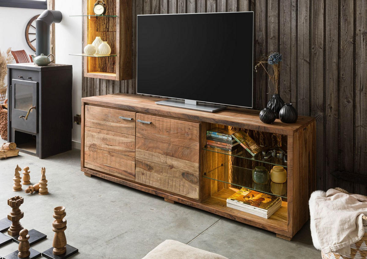 TV-BOARD Akazie 175x40x63 natur lackiert BARK #112 - Naturfarben, Holz (175/63/40cm) - Massivmoebel24