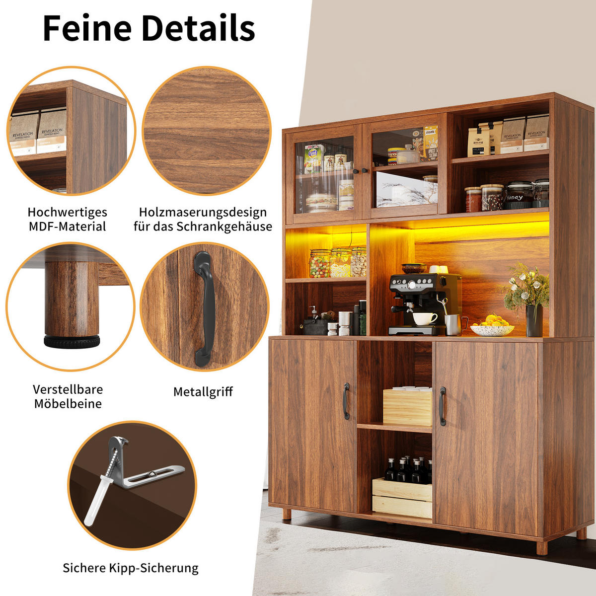 HIGHBOARD Holzoptik Walnuss mit LED & Glastüren - Walnussfarben, Glas/Holzwerkstoff (120/185/40cm) - Urban Meuble