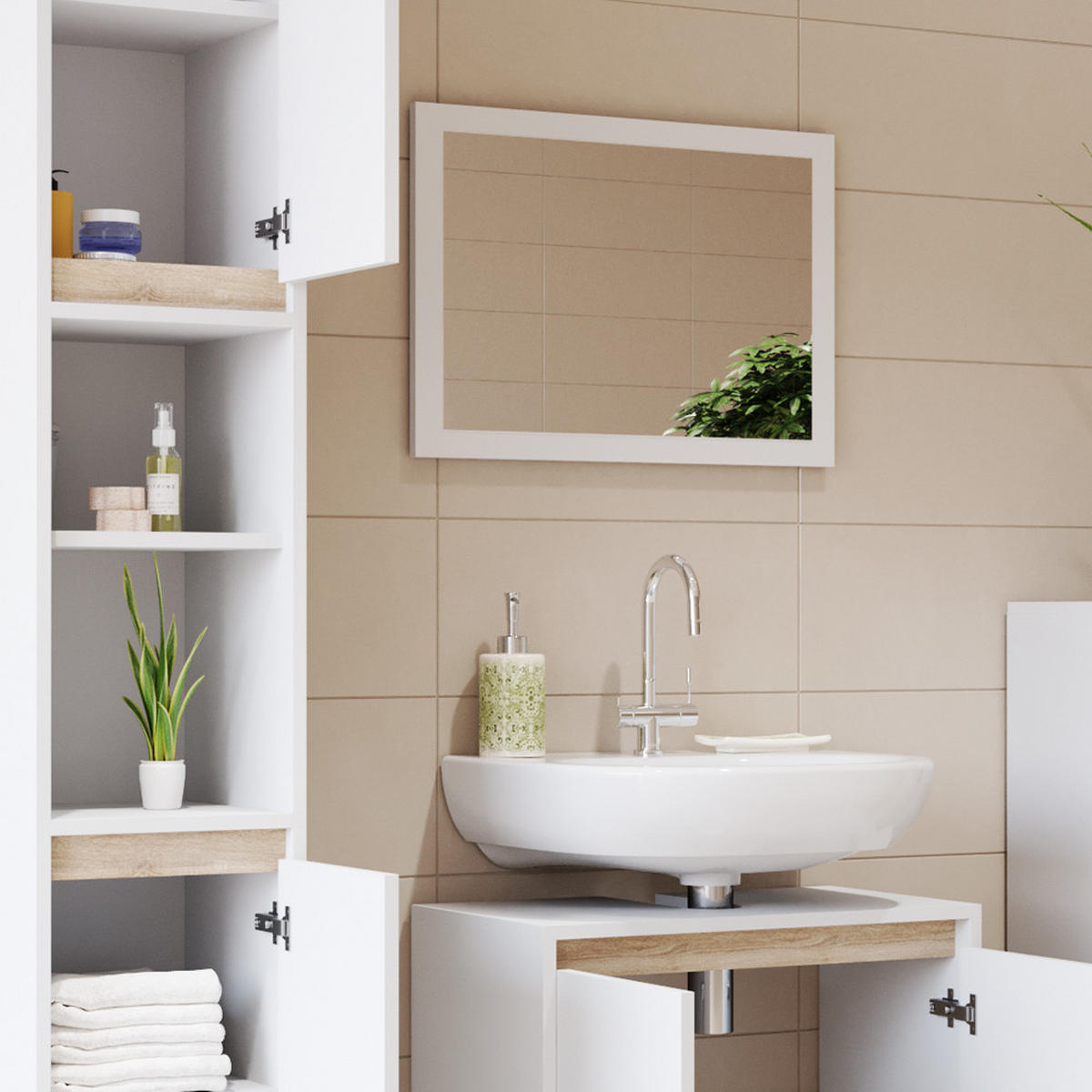 BADMÖBEL-SET Emma Weiß/Sonoma 4 Teile - Weiß/Sonoma Eiche, Holzwerkstoff (58/60/33cm) - Vicco