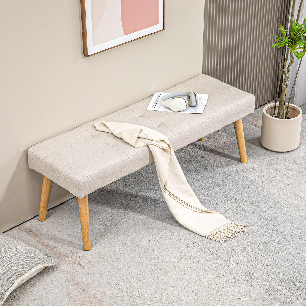 SITZBANK, Polsterbank mit Leinenoptik, Holzbeine 120 x 41 x 43 cm, Creme - Creme, Kunststoff (41/43/120cm) - HOMCOM