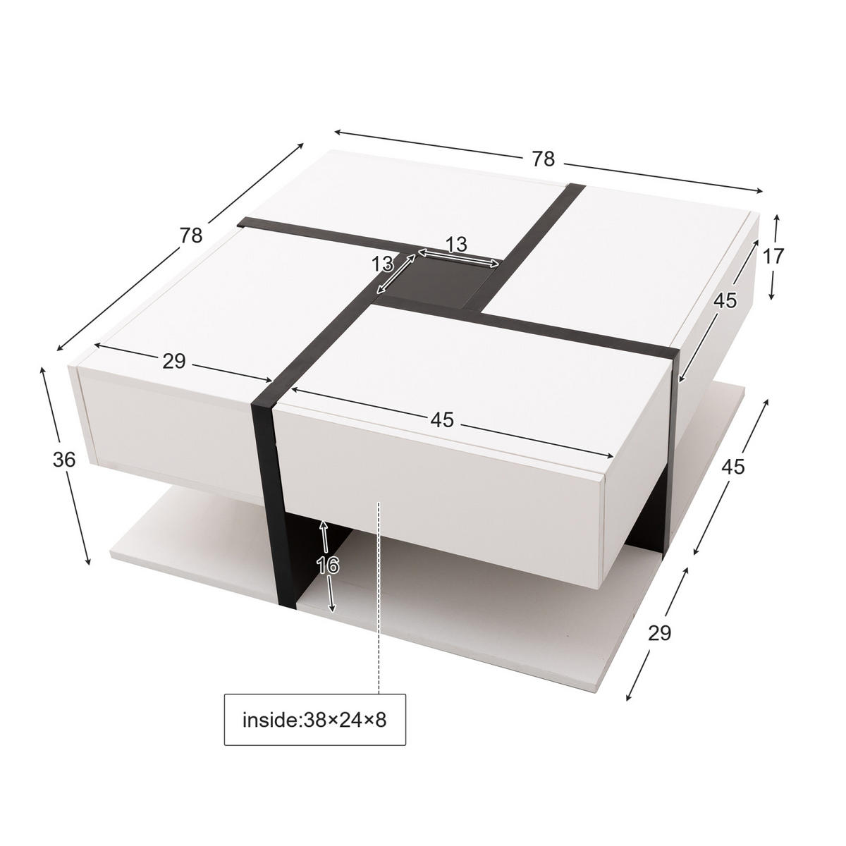 COUCHTISCH Weiß mit 4 Schubladen und 2 Ablagen - Weiß, Metall (78/78/36cm)
