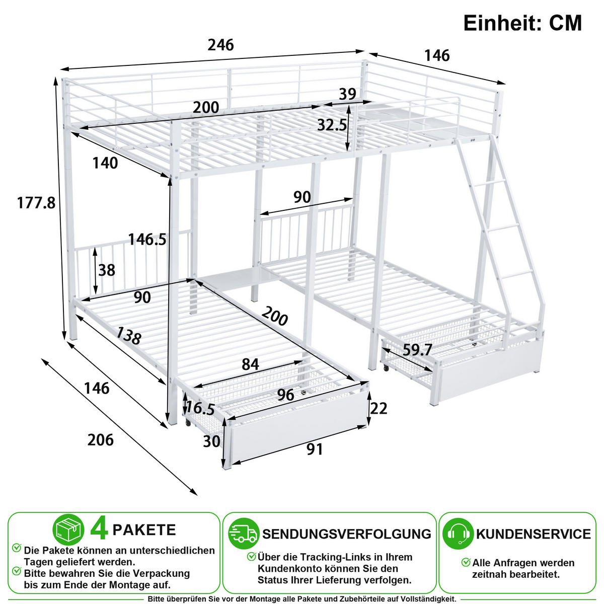 ETAGENBETT 90/200 cm & 140/200 cm in Weiß mit 2 Schubladen, teilbar - Weiß, Metall (90/200cm) - CHICFURN