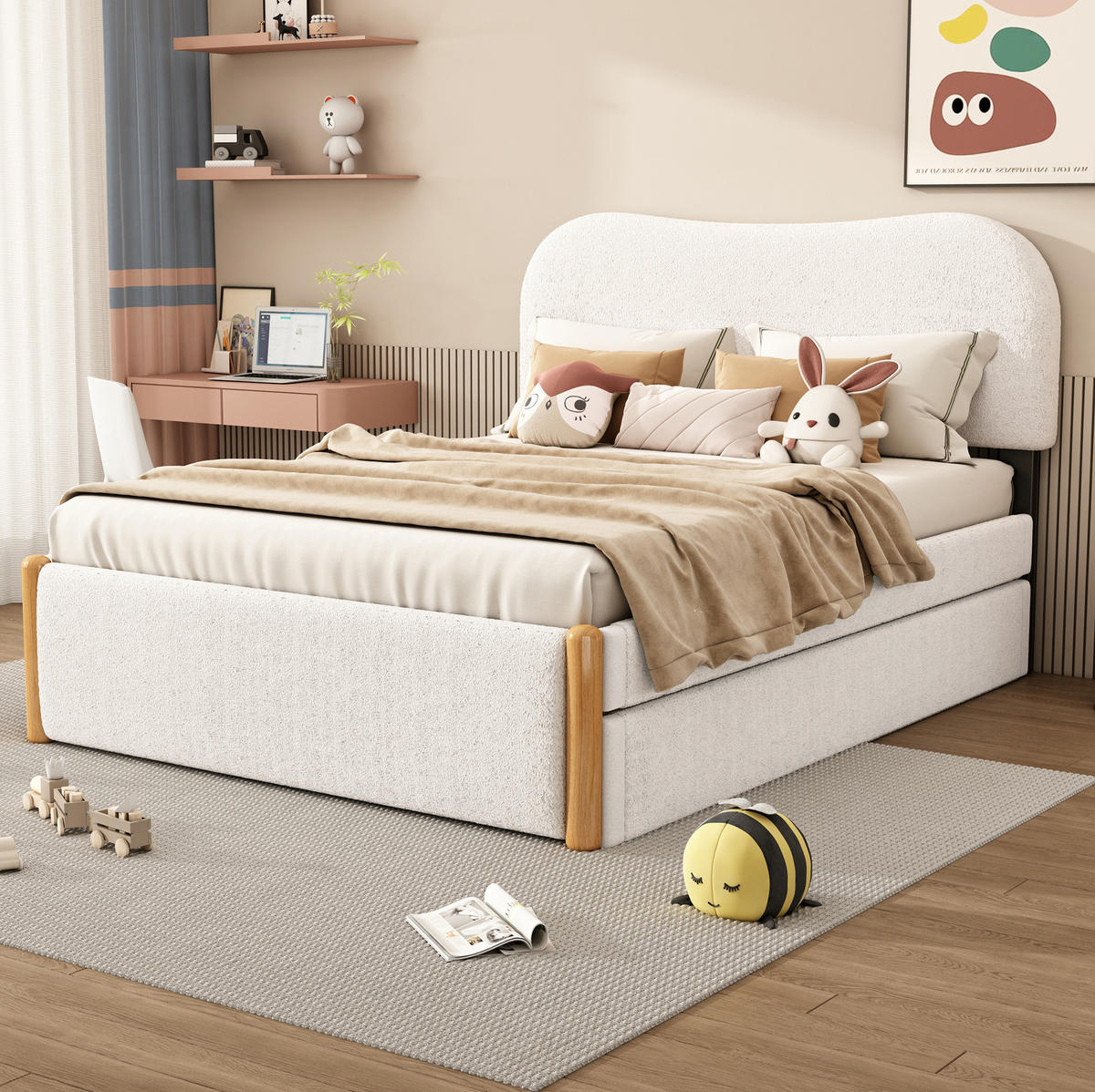 POLSTERBETT 140/200 cm weiß mit ausziehbarem Rollbett - Weiß, Textil (140/200cm) - OKWISH