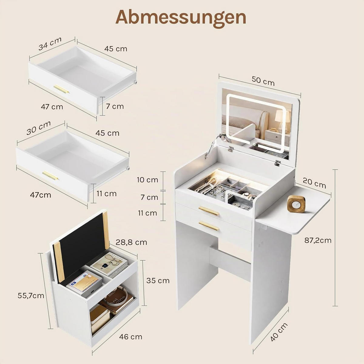 SCHMINKTISCH mit LED, klappbarer Spiegel, Hocker, Weiß - Weiß, Glas/Holz (50/87.2/40cm) - Woltu