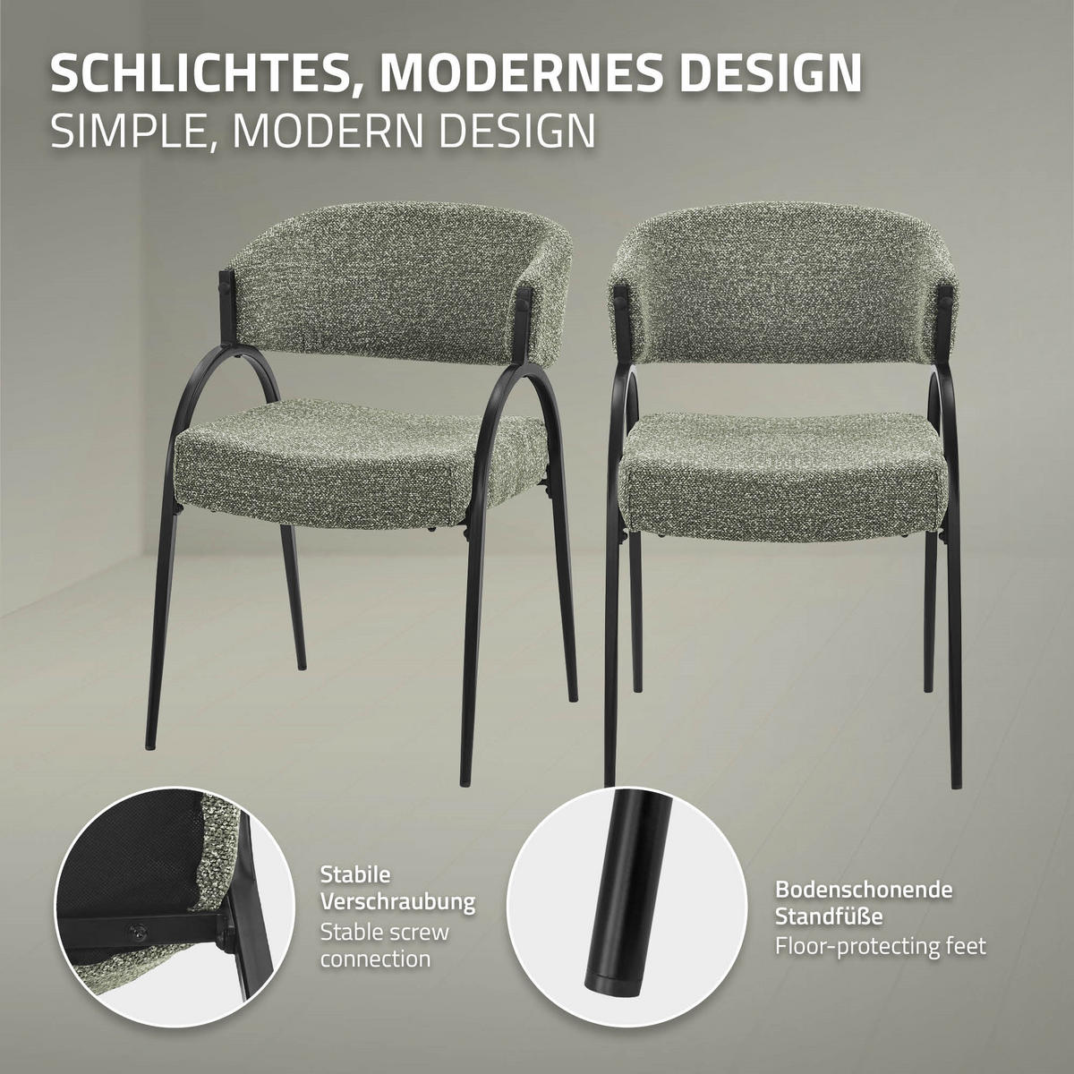 ESSZIMMERSTUHL 2er Set Küchenstühle gepolstert mit Webstoff-Bezug und Arm- und Rückenlehne Grün - Schwarz/Grün, Textil/Metall (54/81/65cm) - ML-DESIGN