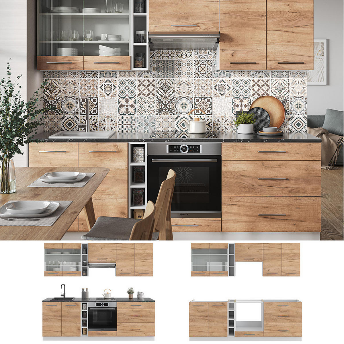KÜCHENZEILE Fame-Line Goldkraft Eiche/Weiß 235 cm, AP Anthrazit - Eiche Wotan/Weiß, Holzwerkstoff (235/81.6/60cm) - Vicco