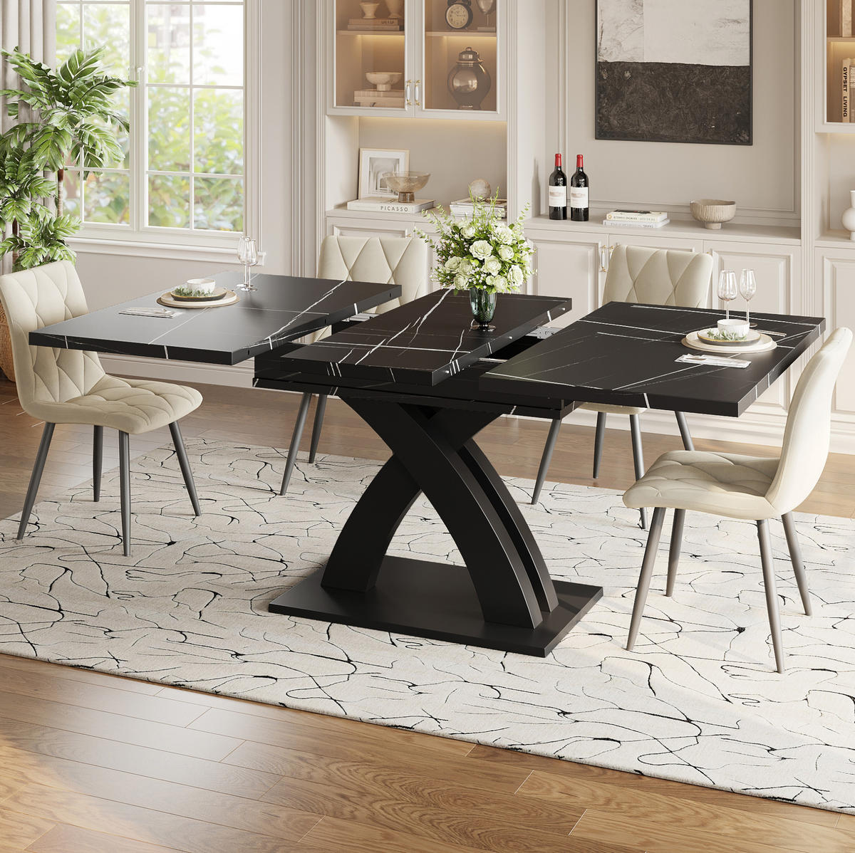 ESSTISCH 120/160/80 cm in Schwarz-Weiß ausziehbar mit X-Gestell - Schwarz, Holzwerkstoff (120/80/75cm) - Flora Grace