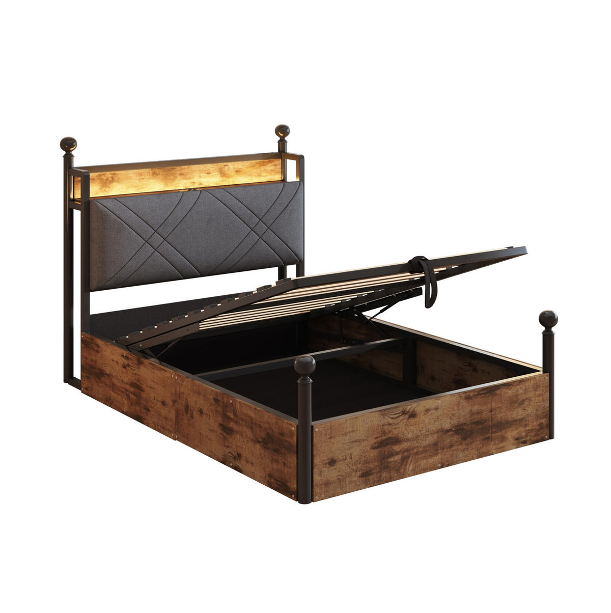 METALLBETT 90/190 cm Schwarz mit Stauraum, LED-Beleuchtung und USB-/Type-C - Schwarz, Metall (90/190cm) - Flora Grace