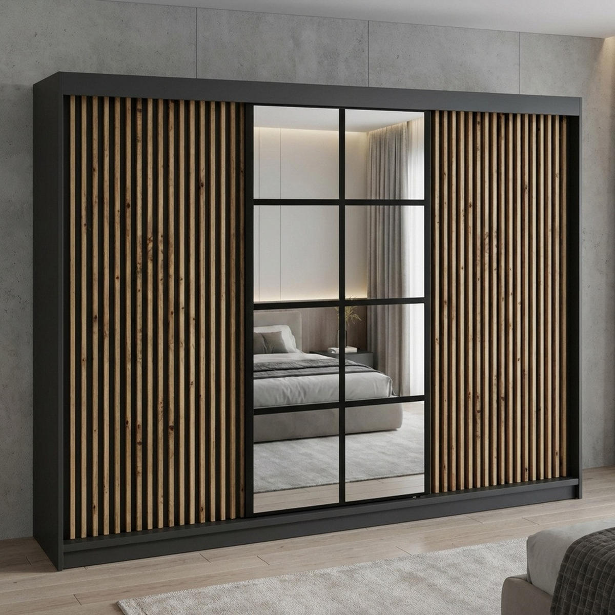 SCHWEBETÜRENSCHRANK NORIVO-Schwarz, Schwarz-Lamelle, Schwarz-Spiegel, Schwarz-Lamelle 200 cm - Schwarz, Holzwerkstoff (200/215/59.5cm) - A&J MöbelLand