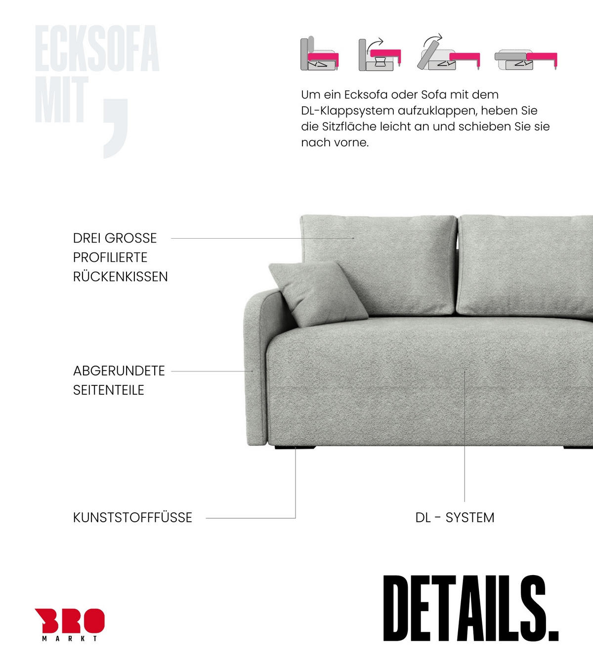 ECKSOFA Malen mit Schlaffunktion Grau Bouclé - Hellgrau, Textil (215/141cm) - Bromarkt