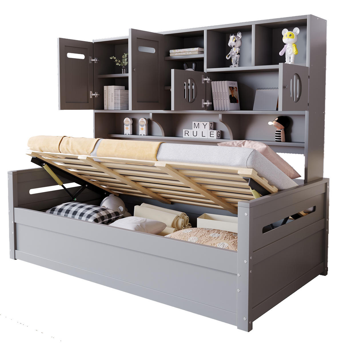 BETT 90/200 cm mit hydraulischem Bettmechanismus und Stauraum Grau Holz - Grau, Holz (90/200cm) - OKWISH