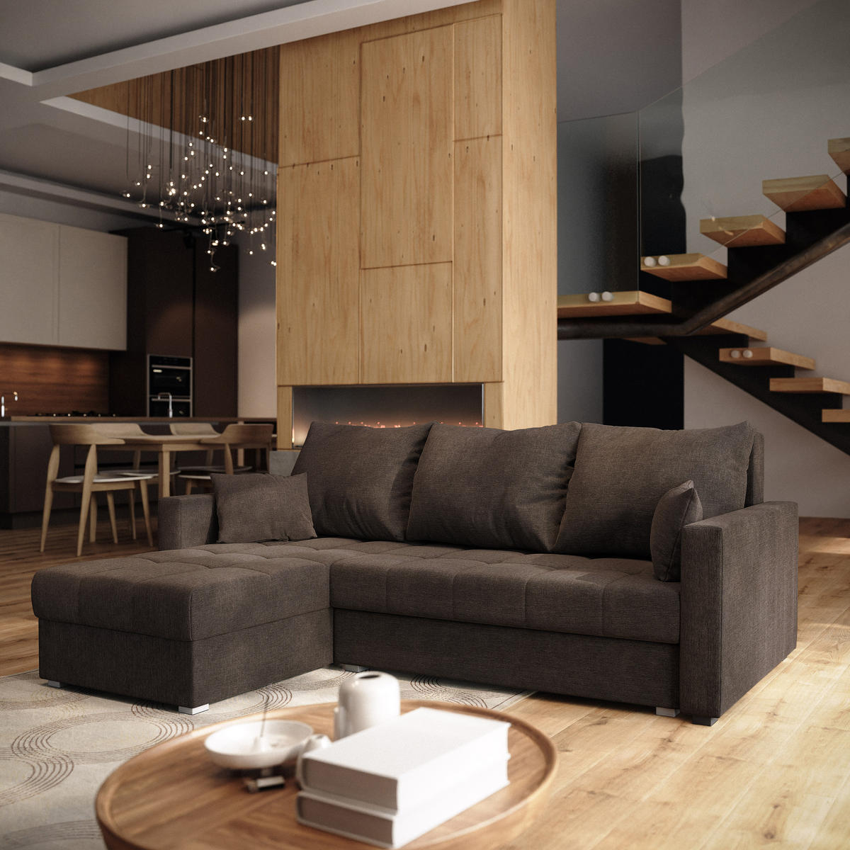 ROHOVÁ SEDAČKA NIDA hnědá - šedá/hnědá, dřevo/textil (220/143cm) - MASSENO