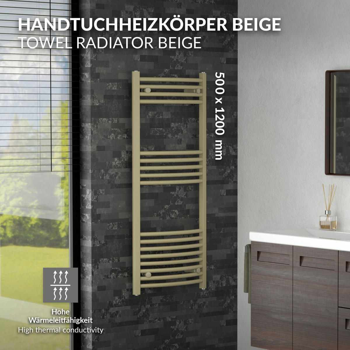 RUČNÍKOVÝ radiátor 500 x 1200 mm, béžový, zakřivený, s bočním připojením - béžová, kov (50/120/3cm) - LuxeBath