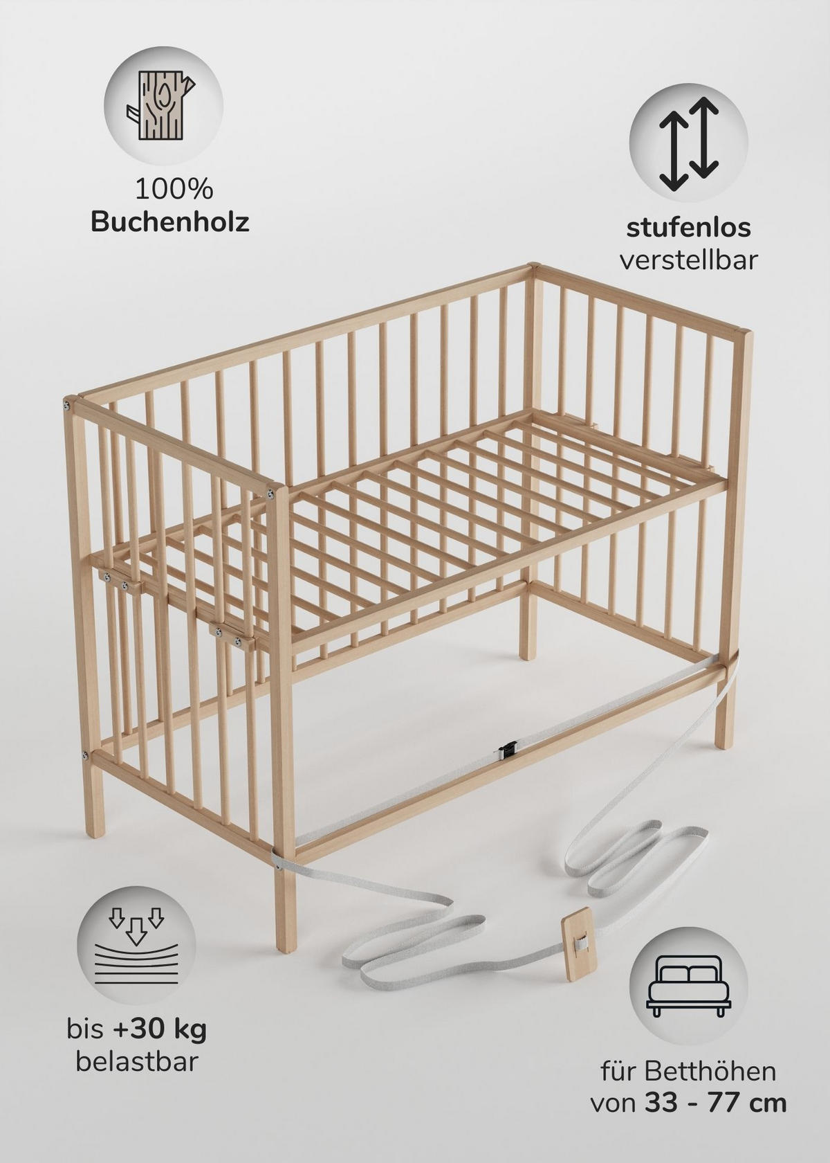 BEISTELLBETT 60x120 cm mit Umbauseite - natur - Dreamy 4 in 1 Bett - Naturfarben, Holz (120/90/60cm) - Sämann – make a difference.