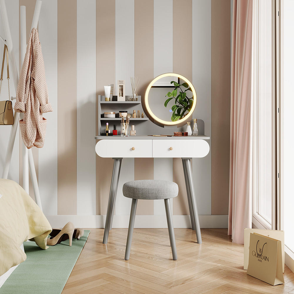 SCHMINKTISCH Edda Grau 80 cm mit LED Beleuchtung und Hocker - Grau, Holzwerkstoff (80/121/40cm) - Vicco