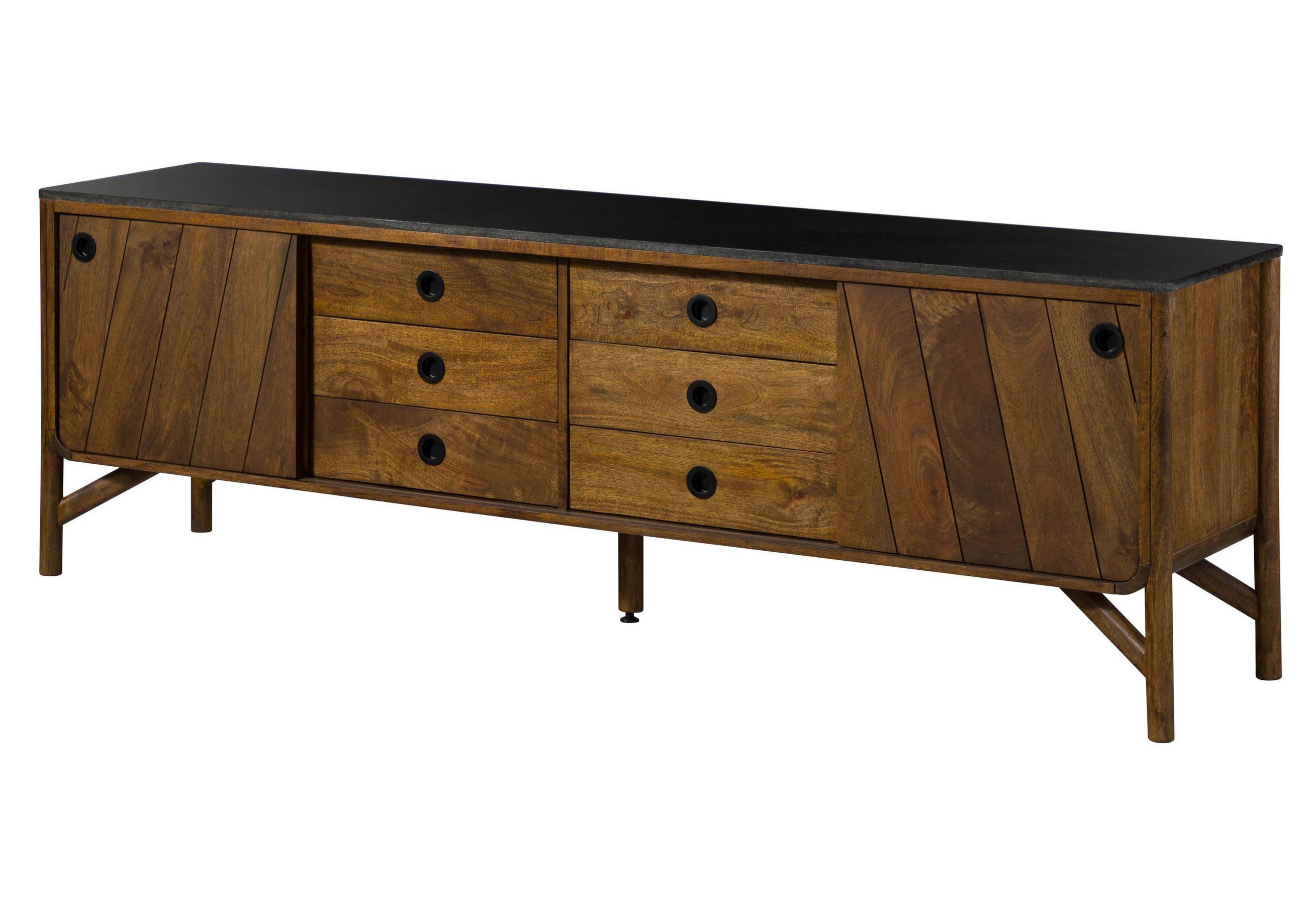 SIDEBOARD Mango 200x45x65 braun geölt / dunkler Granit LOS ANGELES #113 - Braun, Holz (200/65/45cm) - Massivmoebel24