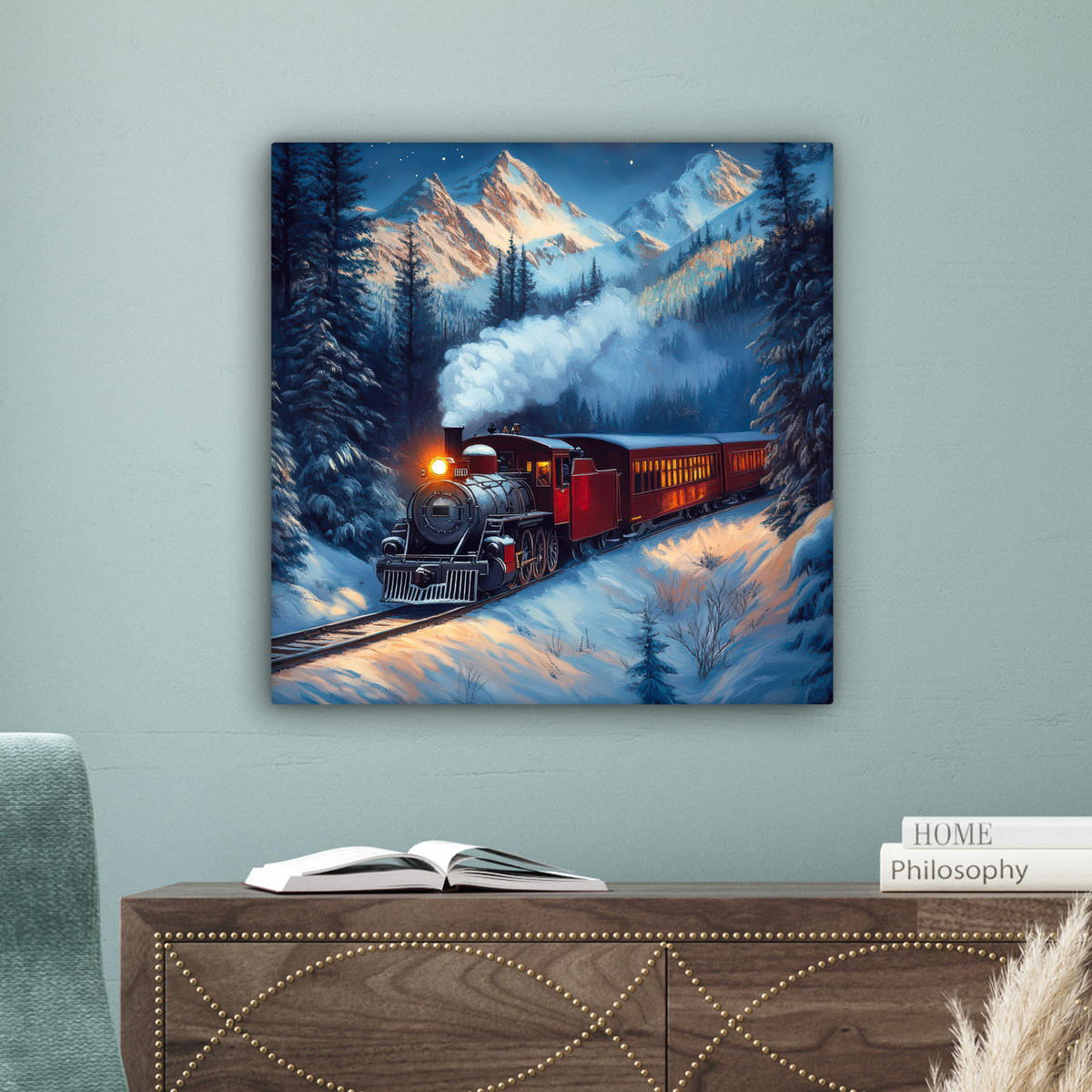 LEINWANDBILD Zug - Weihnachten - Schnee - Weihnachtszug Wandbild Wohnzimmer 50x50 cm - Anthrazit, Textil (50/50cm) - MuchoWow