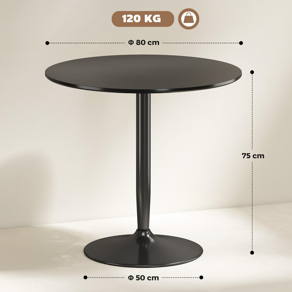 ESSTISCH Runder Küchentisch, Rutschfester Esszimmertisch für 2 Personen Schwarz - Schwarz, Holzwerkstoff/Metall (80/80/75cm) - HOMCOM