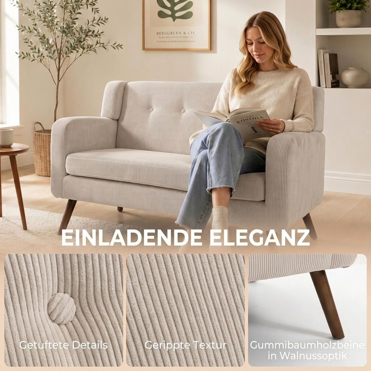 2-SITZER-SOFA Polyester Beige - Beige/Walnussfarben, Holz/Holzwerkstoff (72/80/118cm) - HOMCOM