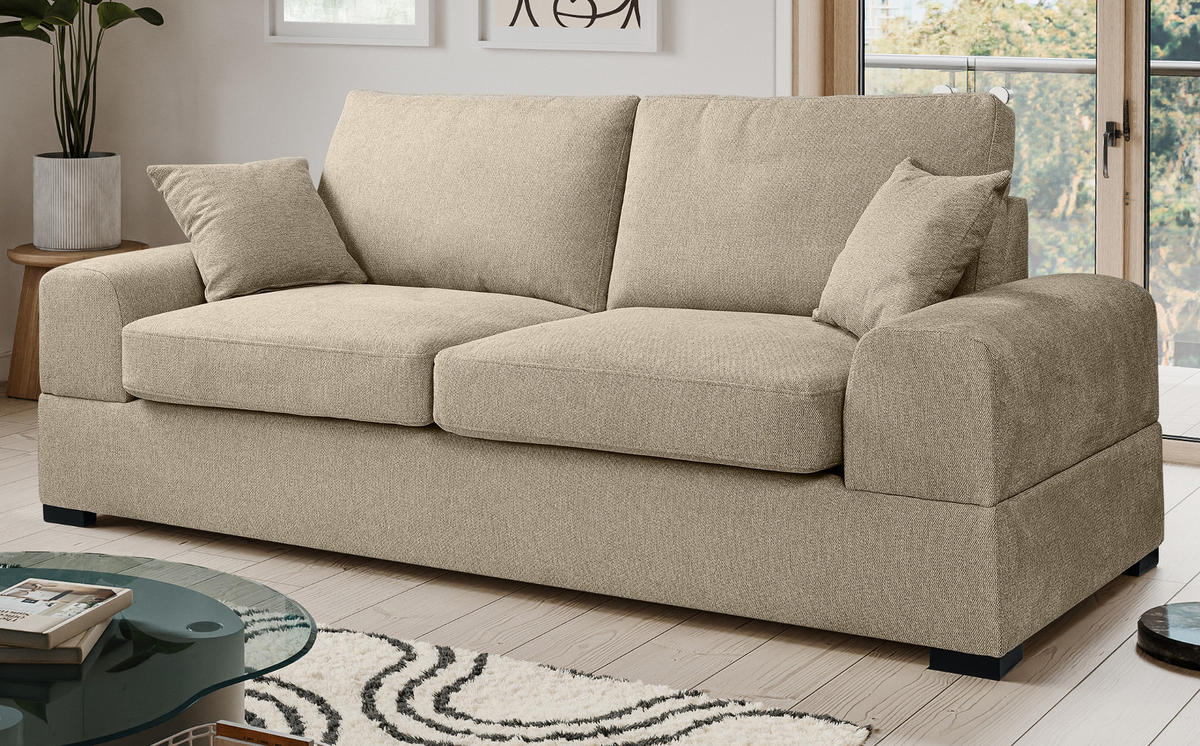 SOFA beige Strukturstoff, Couch 3-Sitzer 221 cm mit Premium Kaltschaum - Beige/Schwarz, Holz/Textil (221/90/93cm) - Inn.Furn