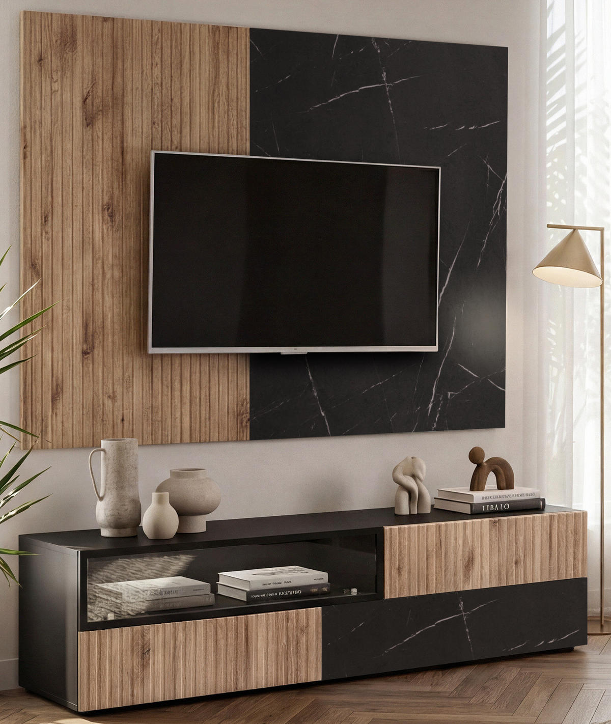 TV-LOWBOARD schwarz, Vicking Eiche, Marmor schwarz 160 x 42 cm, TV Unterteil mit Push-to-Open - Eichefarben/Schwarz, Holzwerkstoff/Kunststoff (160/42/45cm) - Inn.Furn
