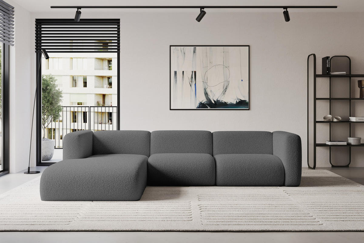 ECKSOFA Ottomane Links MIRA-L2 318x179x89 Grau Bouclé - Platinfarben/Schwarz, Holzwerkstoff/Kunststoff (318/179cm) - ALTDECOR