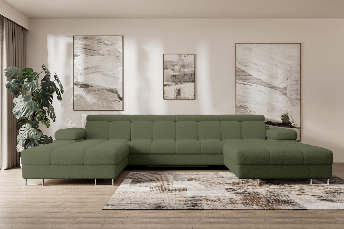 WOHNLANDSCHAFT mit Schlaffunktion und Bettkasten COMA U2 345x203x79 Grün Bouclé - Smaragdgrün, Holzwerkstoff/Textil (345/79/203cm) - ALTDECOR