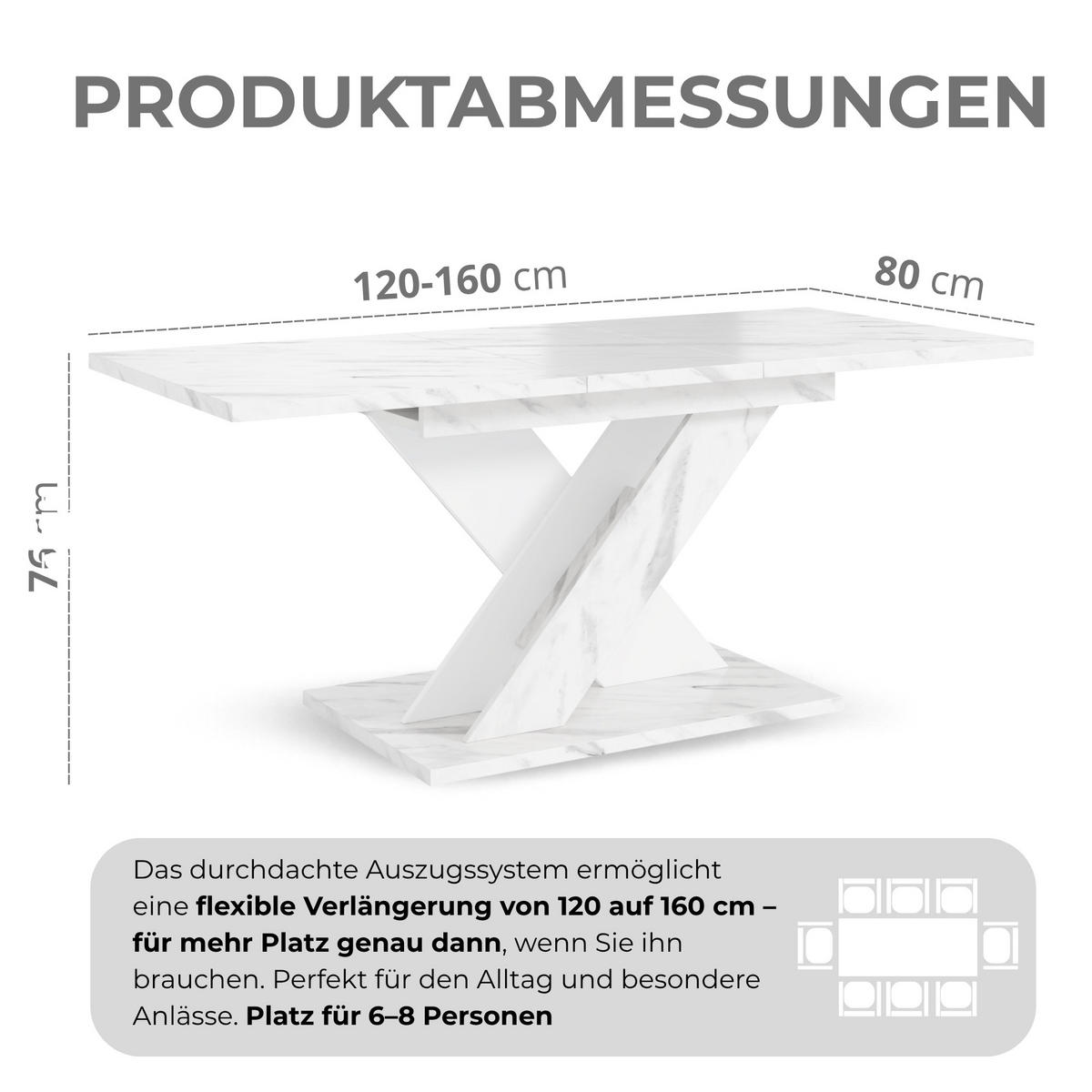 ESSTISCH Ausziehbar von 140 bis 180 cm in Weißen Marmor-Optik - Weiß Hochglanz, Holzwerkstoff (80/180/75cm) - Home Collective