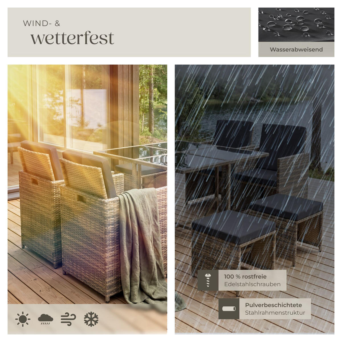RATTAN-SITZGRUPPE Bilbao 4+4+1 inkl. Schutzhülle,Natur, 4 Sessel 53x53x87 cm, Tisch 110x110x73 cm,Abnehmbare Bezüge,Wasserabweisend - Naturfarben, Kunststoff - tectake