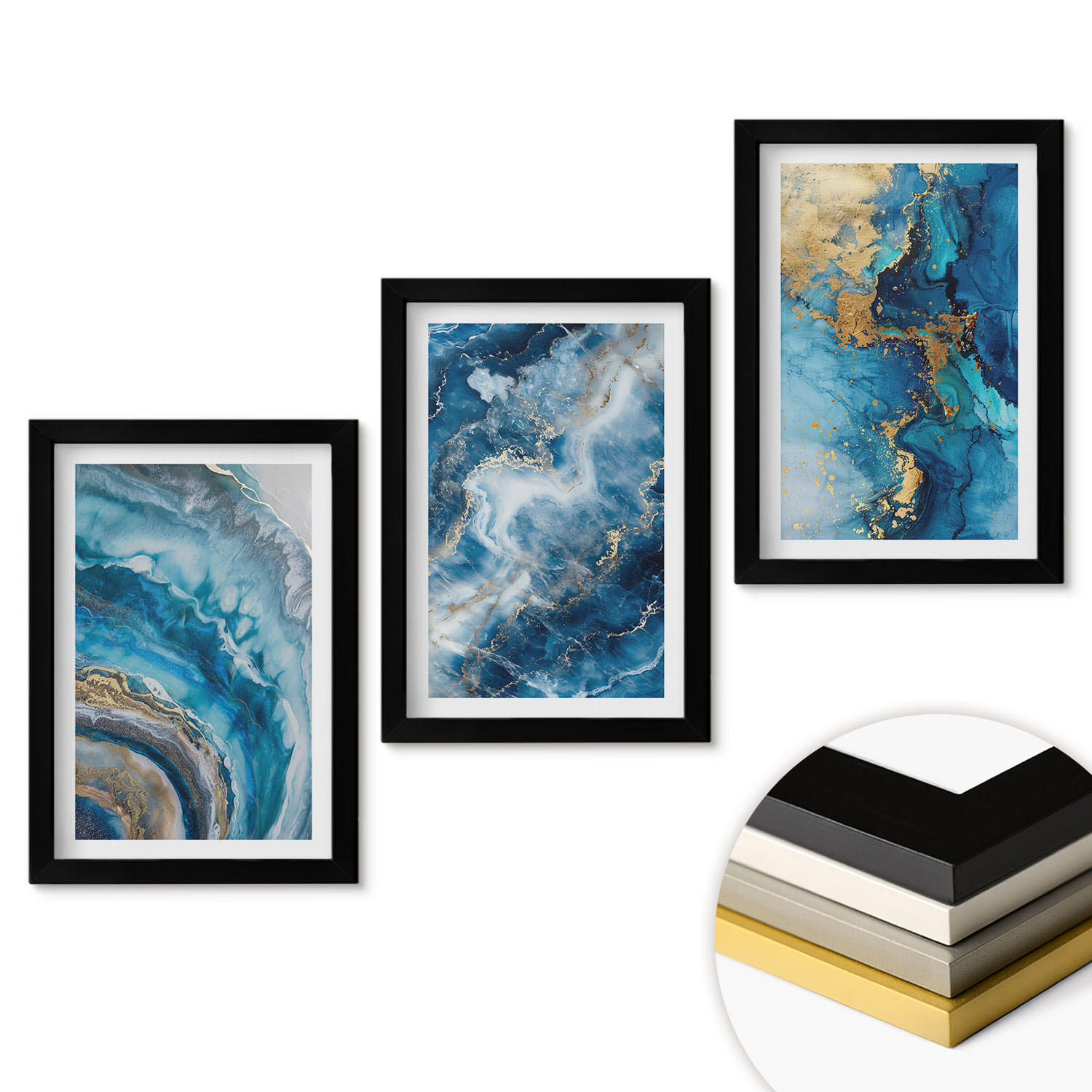 WANDBILDER 3er-Set - 20x30 cm Schwarzer Rahmen - Blaue abstrakte Muster - Schwarz, Kunststoff (20/30cm) - ArtPrintCave