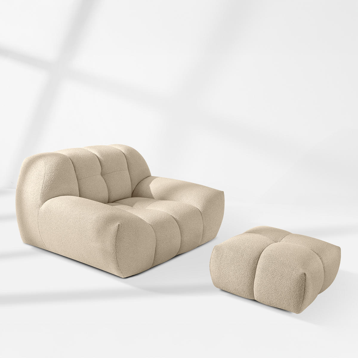 SESSEL VENA mit Pouf Bouclé, Hellbeige - Beige, Holz/Textil (65/38/65cm) - KONSIMO®